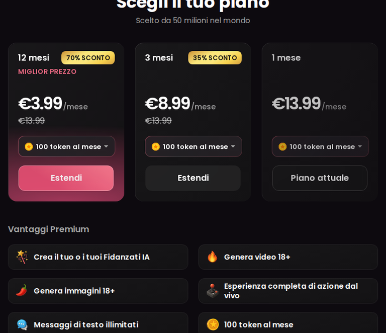 Candy AI Premium: 12 mesi 3,99 euro, 3 mesi 8,99 euro, 1 mese 13,99 euro al mese