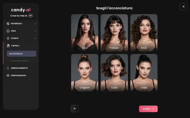 Builder di Candy AI, acconciatura e colore dei capelli