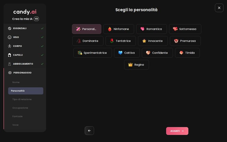 Builder di Candy AI, personalità e voce