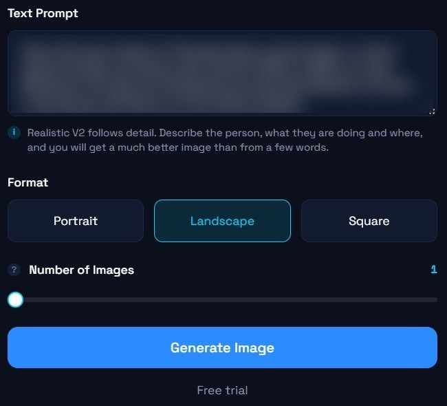 Generatore di immagini di DarLink AI con un prompt in tedesco, formato orizzontale e la scritta Free trial