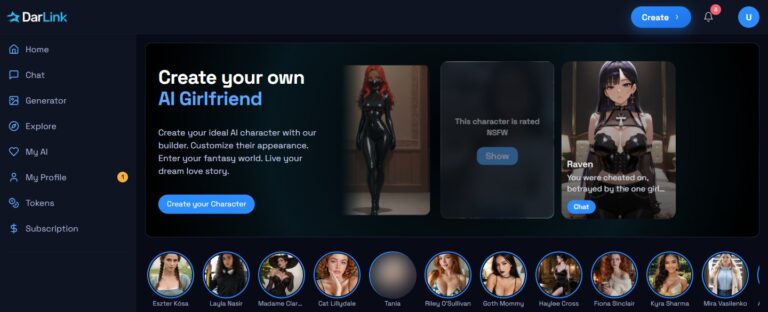 Home di DarLink AI con la barra laterale, il pulsante Create your Character e una fila di fidanzate AI popolari