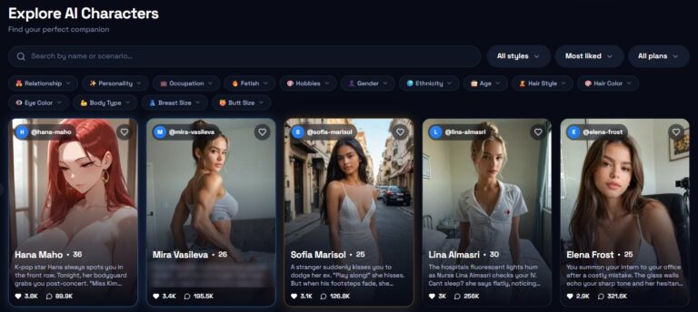 Catalogo Explore AI Characters di DarLink AI con i filtri per relazione, personalità, professione e aspetto e i primi cinque personaggi