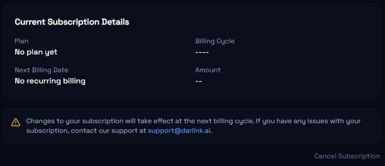 Impostazioni dell'abbonamento su DarLink AI: il link Cancel Subscription è piccolo e grigio, in basso a destra