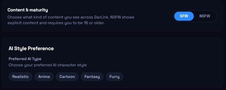 Impostazioni di DarLink AI: Content e Maturity con la scelta tra SFW e NSFW
