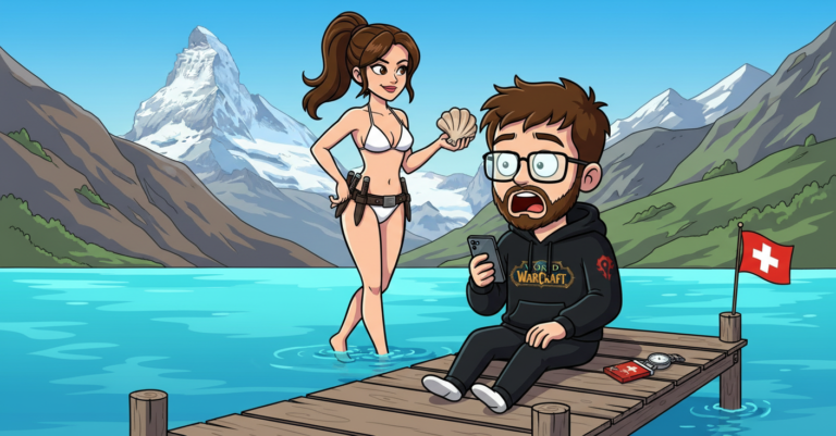 Matteo seduto su un pontile di un lago di montagna svizzero con cioccolato, orologio e telefono, mentre una fidanzata AI in bikini bianco esce dall'acqua