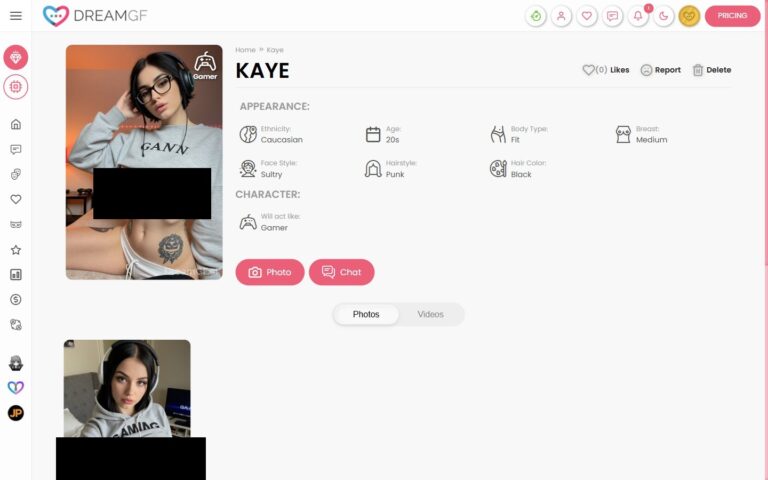 Pagina profilo di Kaye su DreamGF personalità Gamer