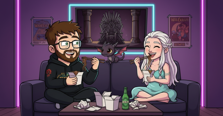 Matteo sul divano con Daenerys Targaryen, chow mein, Il Trono di Spade in TV, un draghetto sul bracciolo