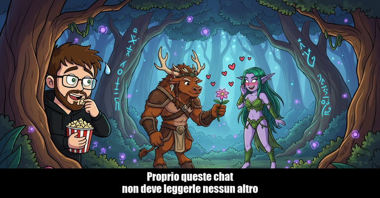 Matteo con i popcorn osserva un druido Tauren e una druida Night Elf nel boschetto
