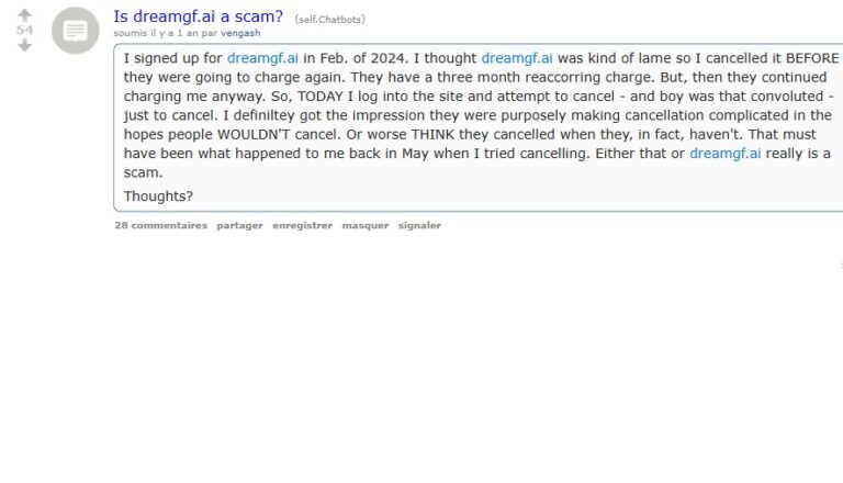 Post Reddit su r/Chatbots dal titolo Is dreamgf.ai a scam di vengash