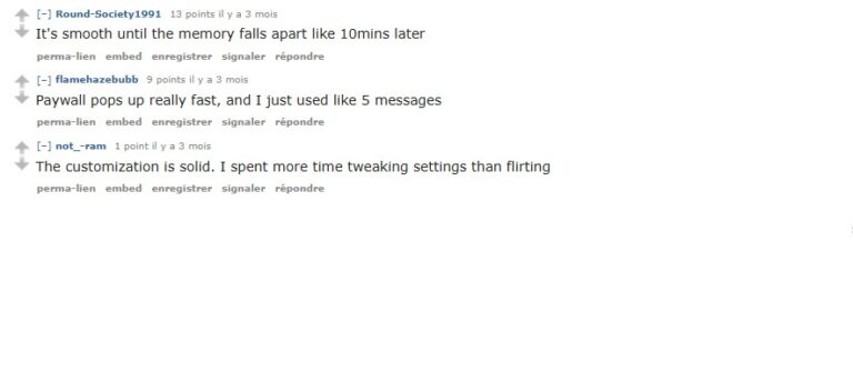 Tre commenti Reddit su r/HeavenGF riguardo DreamGF: vuoti di memoria, paywall, personalizzazione
