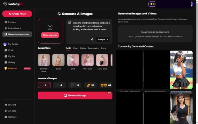 Interfaccia del generatore di immagini di FantasyGF con suggerimenti