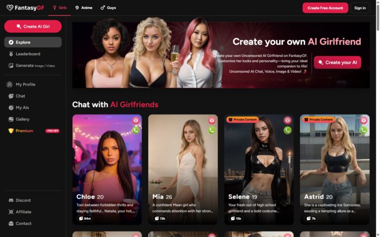Homepage di FantasyGF con tre sottocategorie Girls Anime Guys