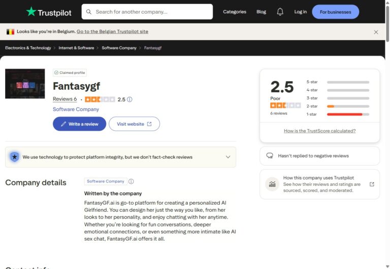 Panoramica Trustpilot di FantasyGF con 2,5 stelle e 83 per cento di recensioni a 1 stella