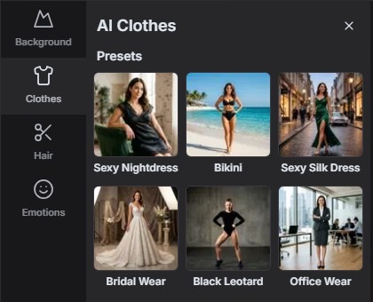 Edit Image su GirlfriendGPT: outfit predefiniti come Sexy Nightdress, Bikini, Bridal Wear e Office Wear