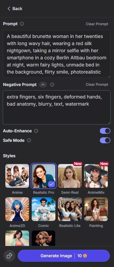 Impostazioni del generatore di immagini di GirlfriendGPT con il prompt per un selfie allo specchio, negative prompt, Auto-Enhance, Safe Mode e stili
