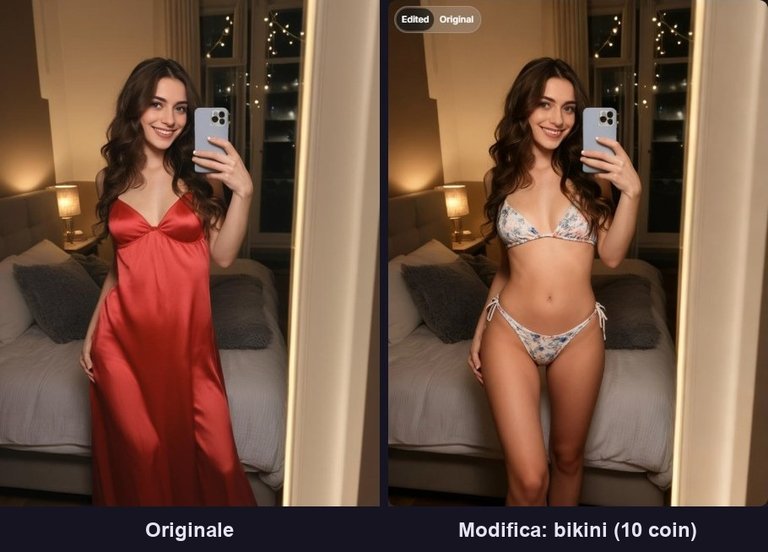 Prima e dopo: lo stesso selfie allo specchio, una volta con la camicia da notte rossa e una volta in bikini