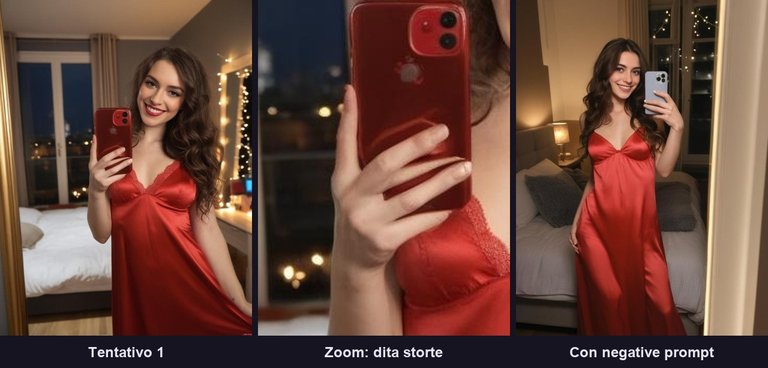 Primo tentativo con le dita storte sul telefono, zoom sulla mano e risultato pulito con il negative prompt