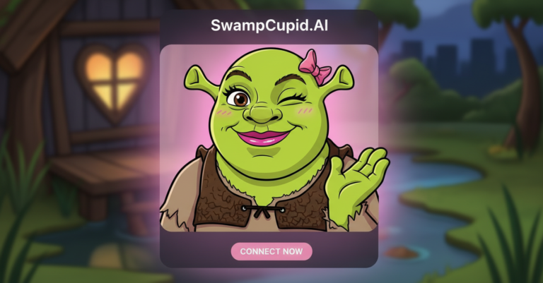 Scheda profilo di SwampCupid.AI: orchessa verde con fiocco rosa che fa l'occhiolino e saluta