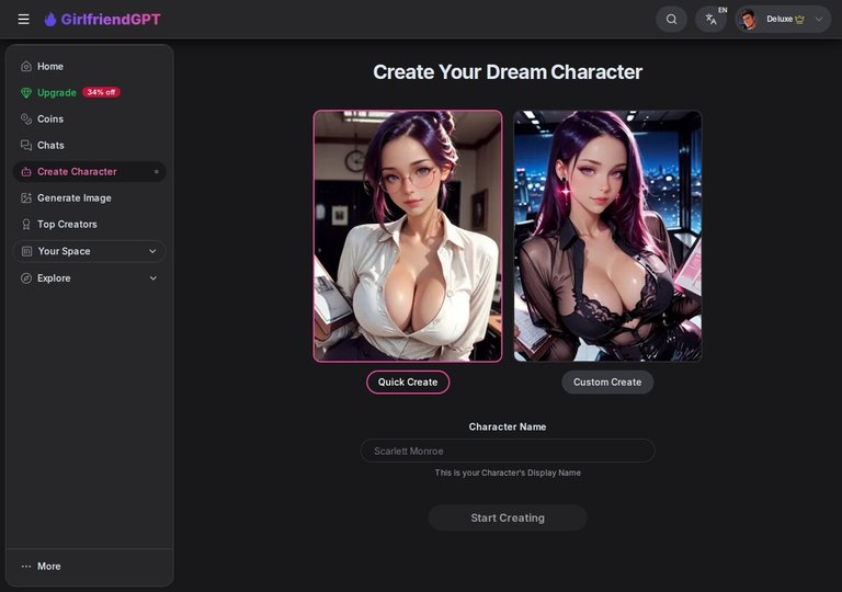 Il modulo vuoto di Character Creation su GirlfriendGPT