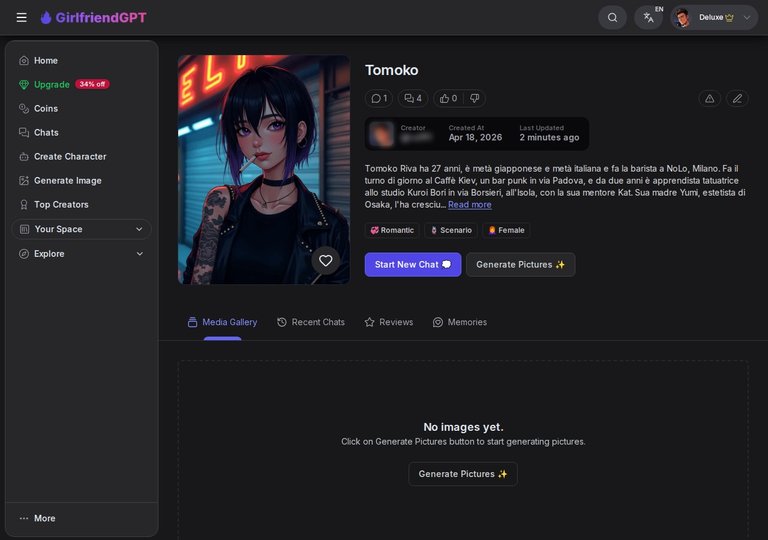 Pagina profilo di Tomoko con ritratto, tag e pulsante Start New Chat