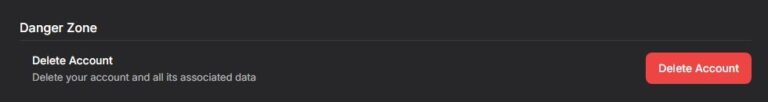 Danger Zone con il pulsante Delete Account su GirlfriendGPT