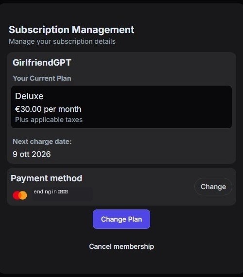 Gestione dell'abbonamento GirlfriendGPT con Change Plan e Cancel membership