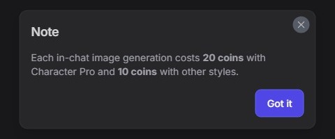 Avviso di GirlfriendGPT: ogni immagine in chat costa 20 coin con Character Pro e 10 coin con gli altri stili