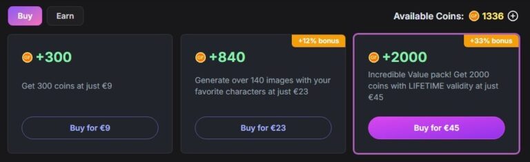 Pacchetti di coin di GirlfriendGPT: 300 coin a 9 euro, 840 a 23 euro, 2000 a 45 euro