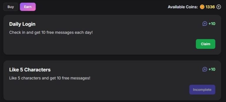 Scheda Earn di GirlfriendGPT con Daily Login, like a 5 personaggi e altre missioni