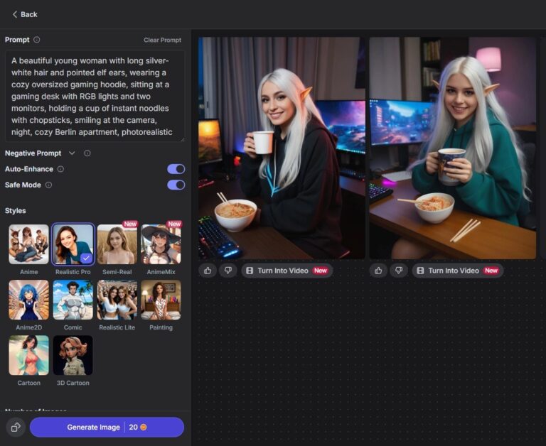 Generatore di immagini di GirlfriendGPT con prompt, stile Realistic Pro e pulsante Generate da 20 coin