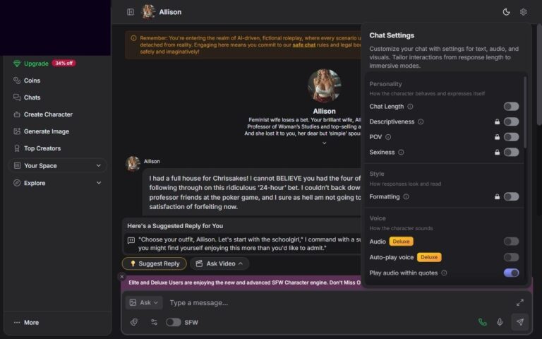 Pannello Chat Settings su GirlfriendGPT