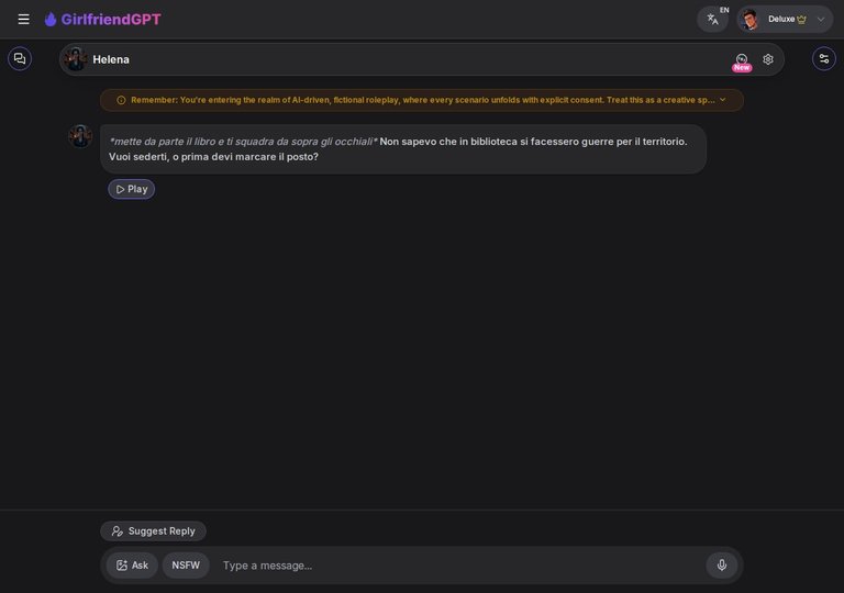 Interfaccia chat di GirlfriendGPT con Helena: messaggio di apertura e Suggested Reply