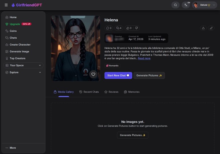 Pagina profilo di Helena su GirlfriendGPT