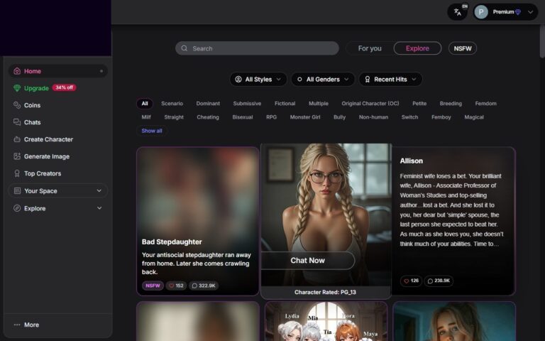 Home page di GirlfriendGPT con la galleria dei personaggi
