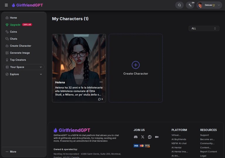 My Characters su GirlfriendGPT con la scheda di Helena