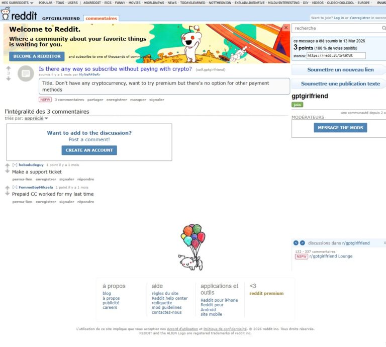 Thread Reddit r/gptgirlfriend: un utente chiede metodi di pagamento alternativi alle criptovalute