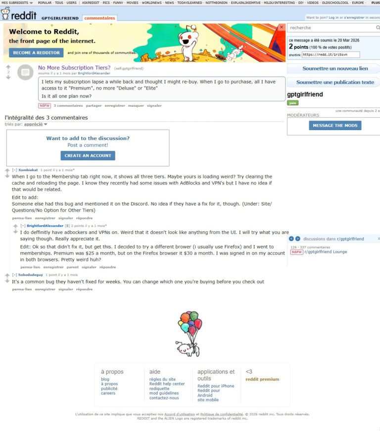 Thread Reddit r/gptgirlfriend: No More Subscription Tiers, con segnalazione di un bug e prezzi diversi da un browser all'altro