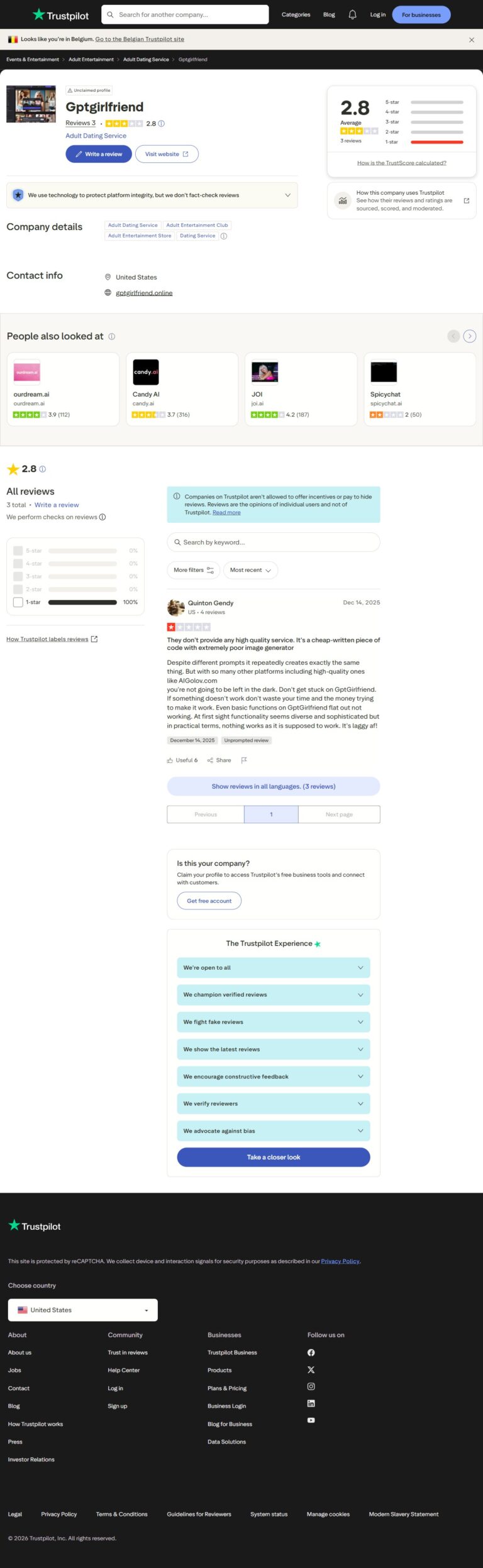 Pagina Trustpilot di GirlfriendGPT con 2,8 stelle su 5 e critica da 1 stella di Quinton Gendy