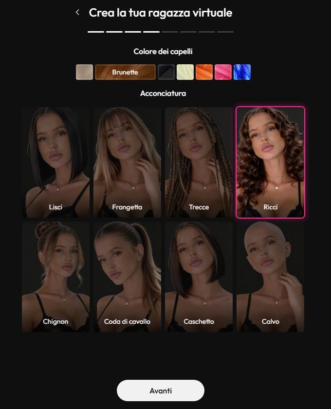 Scelta dell'acconciatura nel builder di Joi AI in italiano, con Ricci selezionato e il colore Brunette