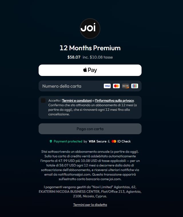 Pagina di pagamento di Joi AI: un anno di Premium senza codice, a 58,07 dollari tasse incluse