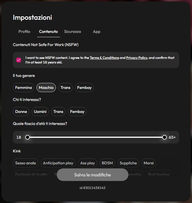 Impostazioni di Joi AI: contenuti per adulti, genere e preferenze