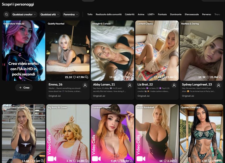Catalogo di Joi AI con i filtri e i profili di Emma, Abby Larsen, Liz Brat e Sydney Longstreet