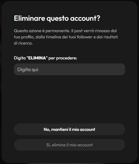 Eliminazione dell'account su Joi AI: per procedere devi digitare ELIMINA