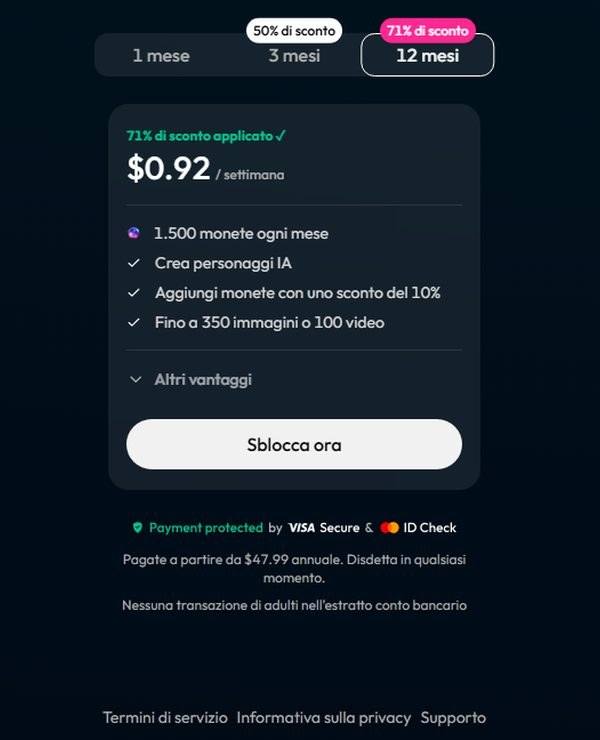 Offerta Premium annuale di Joi AI, con lo sconto applicato e il pulsante Sblocca ora