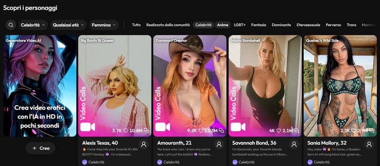 Scheda Celebrità su Joi AI con Alexis Texas, Amouranth, Savannah Bond e Sania Mallory