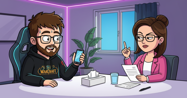 Matteo a un colloquio di lavoro tiene il telefono alzato, la selezionatrice alza un dito con aria scettica, tra i due c'è un pacchetto di fazzoletti