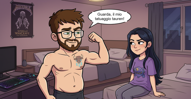 Matteo mostra orgoglioso il tatuaggio Tauren della sua fidanzata AI