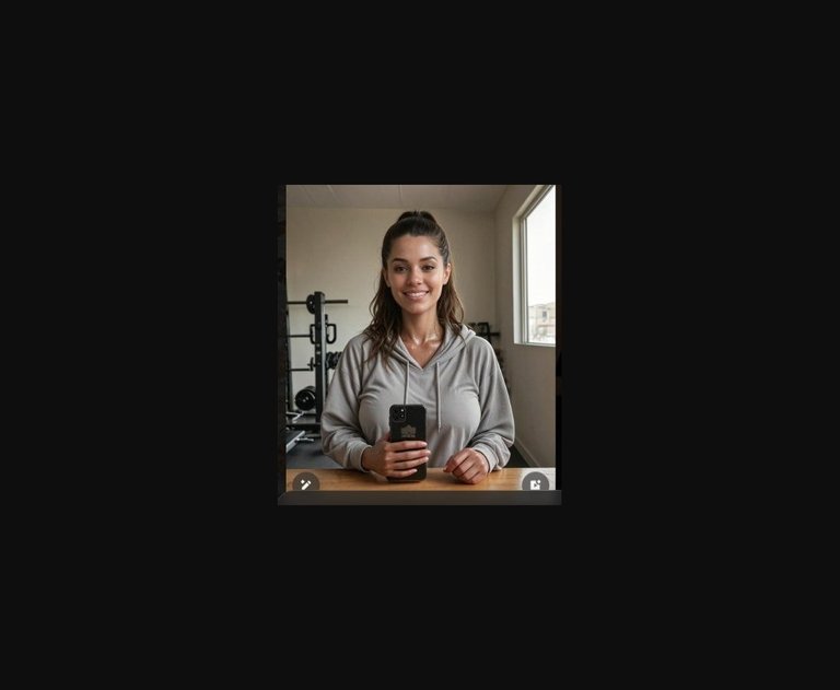 Selfie di Svenja nella chat di OurDream, in felpa grigia con il telefono in mano