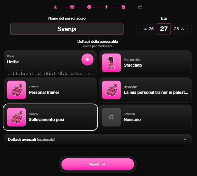 Step Dettagli nel builder di OurDream per Svenja: personalità Sfacciato, lavoro Personal trainer, relazione personalizzata