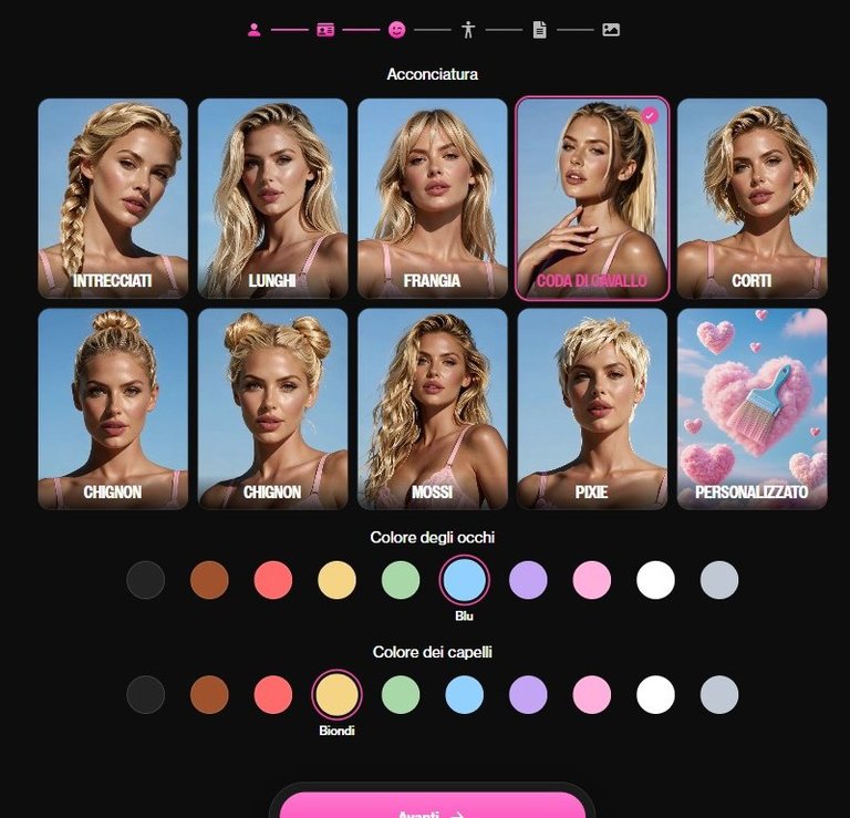 Step Viso nel builder di OurDream: acconciature, colore degli occhi e dei capelli come cerchi colorati